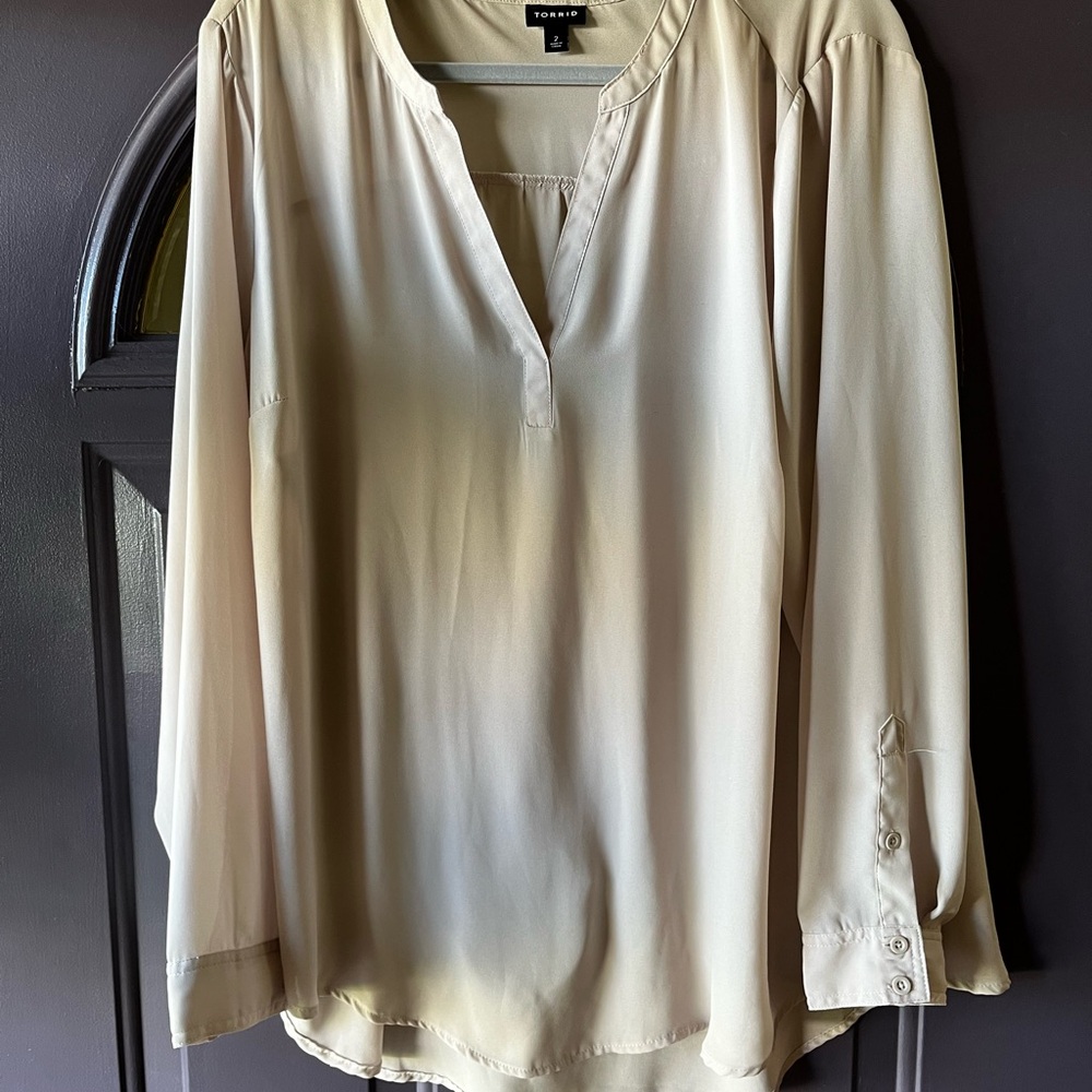 Torrid Tan Silky Plus Size Relaxed Blouse with Mandarin Collar